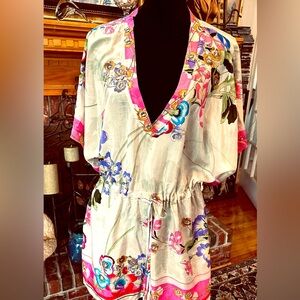 Johnny Was Silk V-Neck tunic w/ Pink & floral Accents, drawstring high waist tie